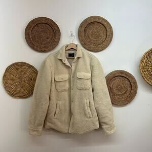 Express Neutral Off White Fleece Sherpa Flannel Shacket Shirt Jacket Medium